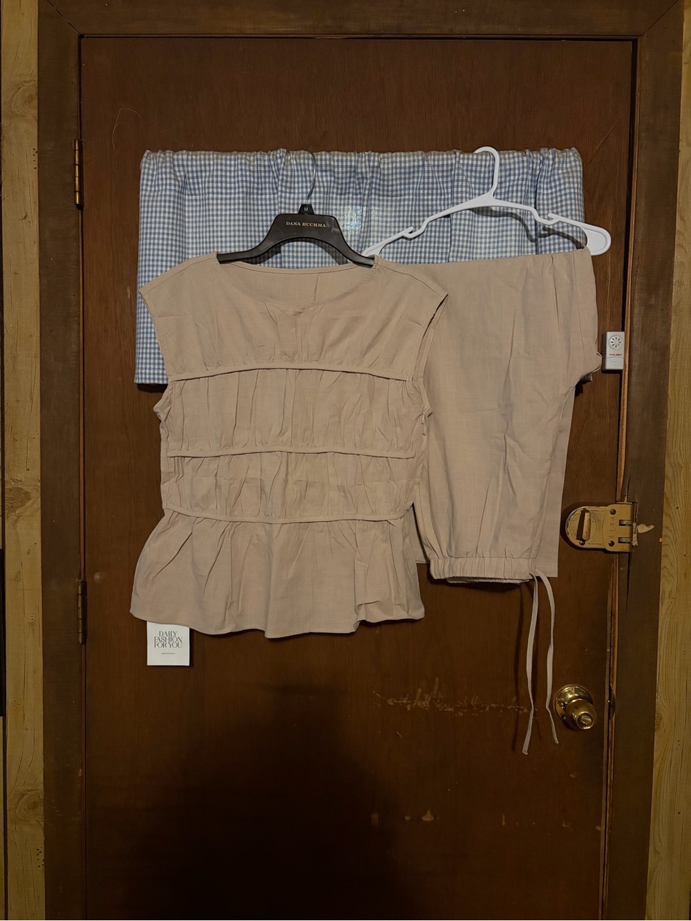 Light Beige/Apricot Two-Piece Ruffled Top and Elastic Waist Pants Set